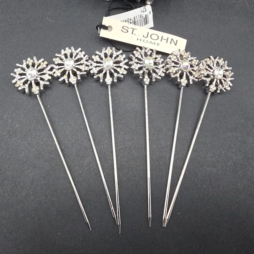 St. John Home Crystal Snowflake Cocktail Pick Set with Holder Silver Tone New
